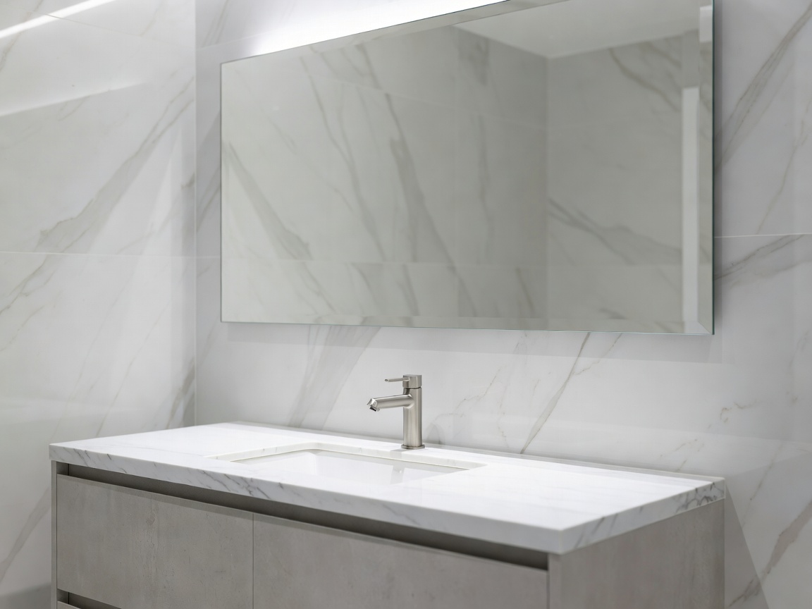 A clean, modern bathroom vanity mirror