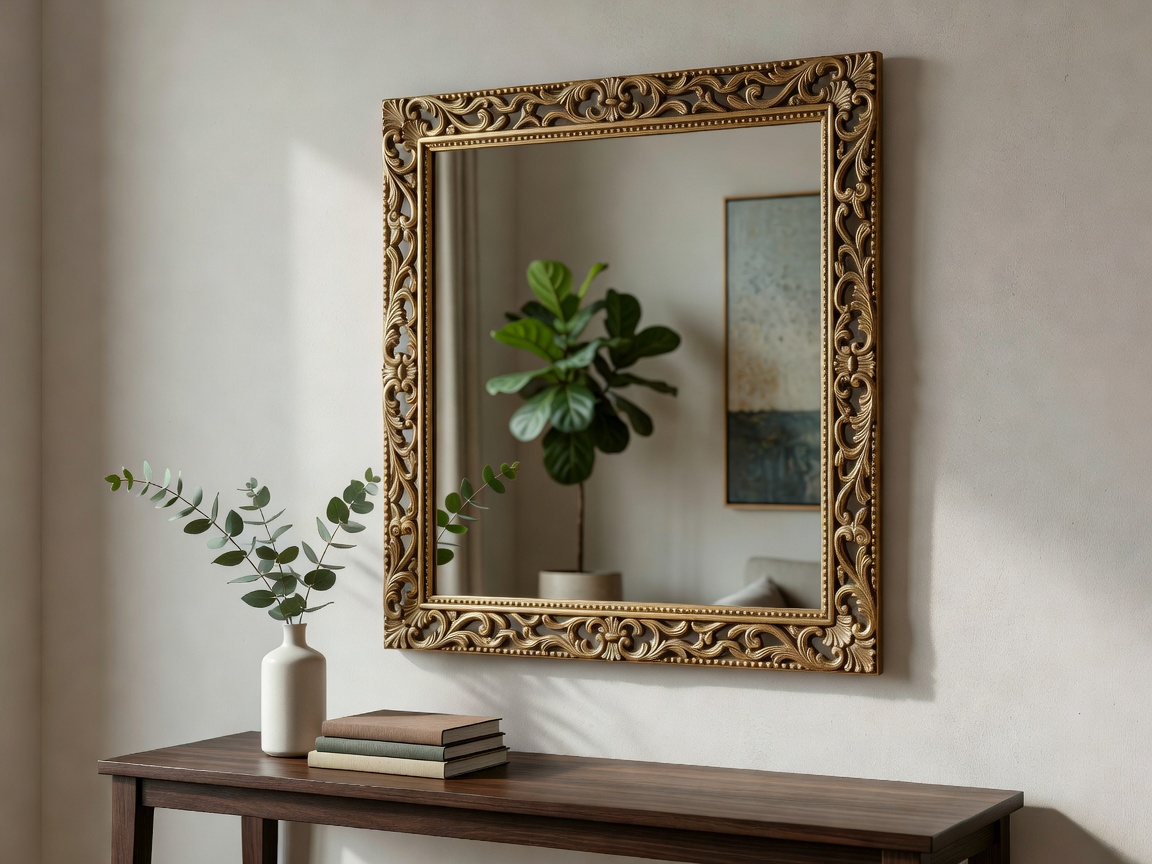 A decorative wall mirror mounted above a console table