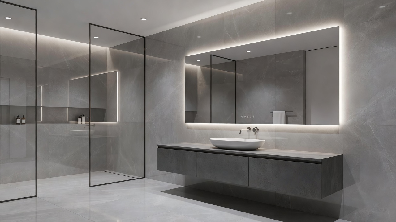 A sleek modern bathroom featuring a backlit LED smart mirror