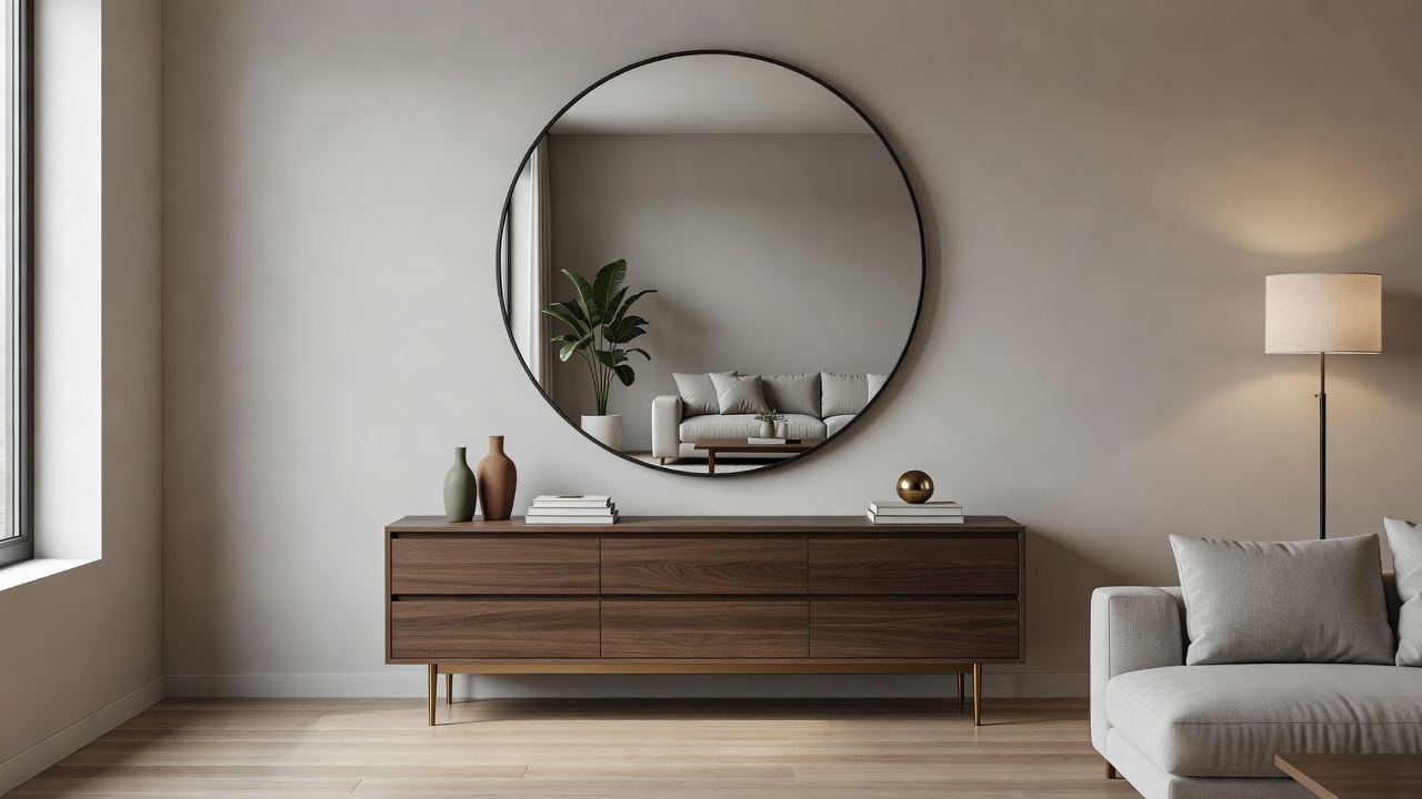 A stylish living room featuring a large round wall mirror over a modern credenza