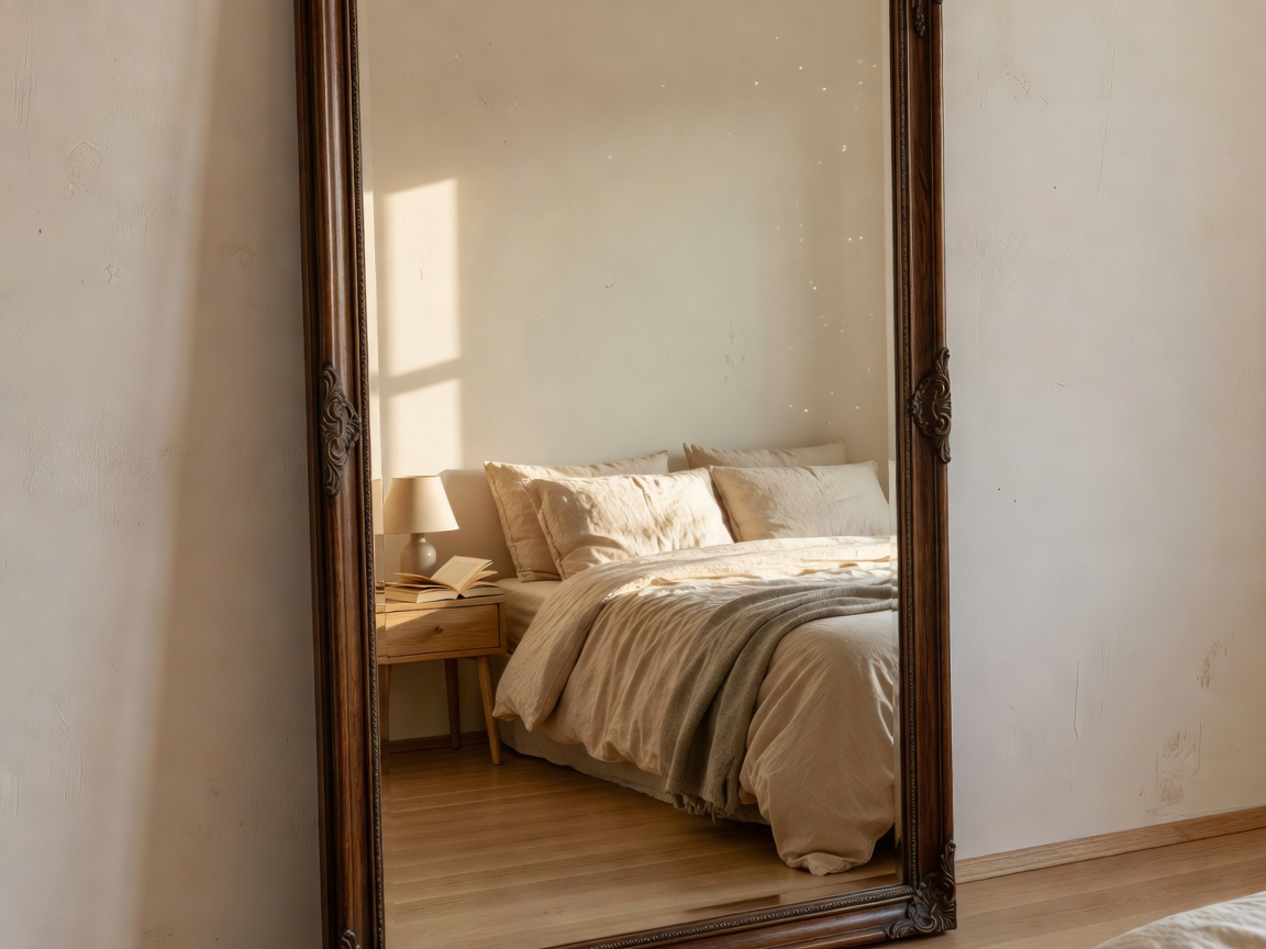 A tall floor mirror leaning against a bedroom wall