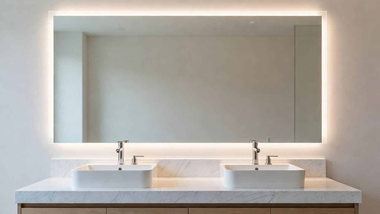 A well-lit bathroom mirror mounted over a dual sink vanity