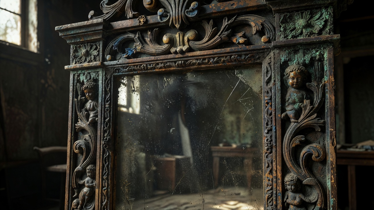 An intricately carved antique mirror with a heavily patinated frame