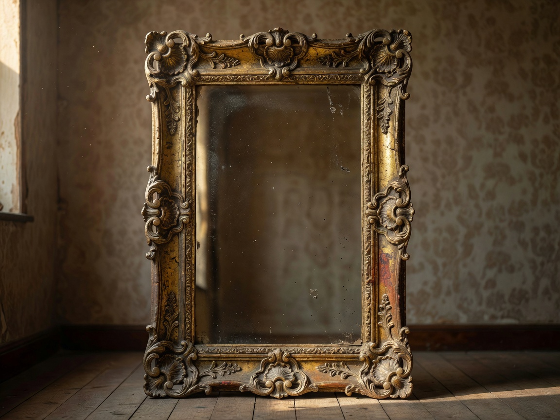 An ornate antique mirror with a distressed gold frame