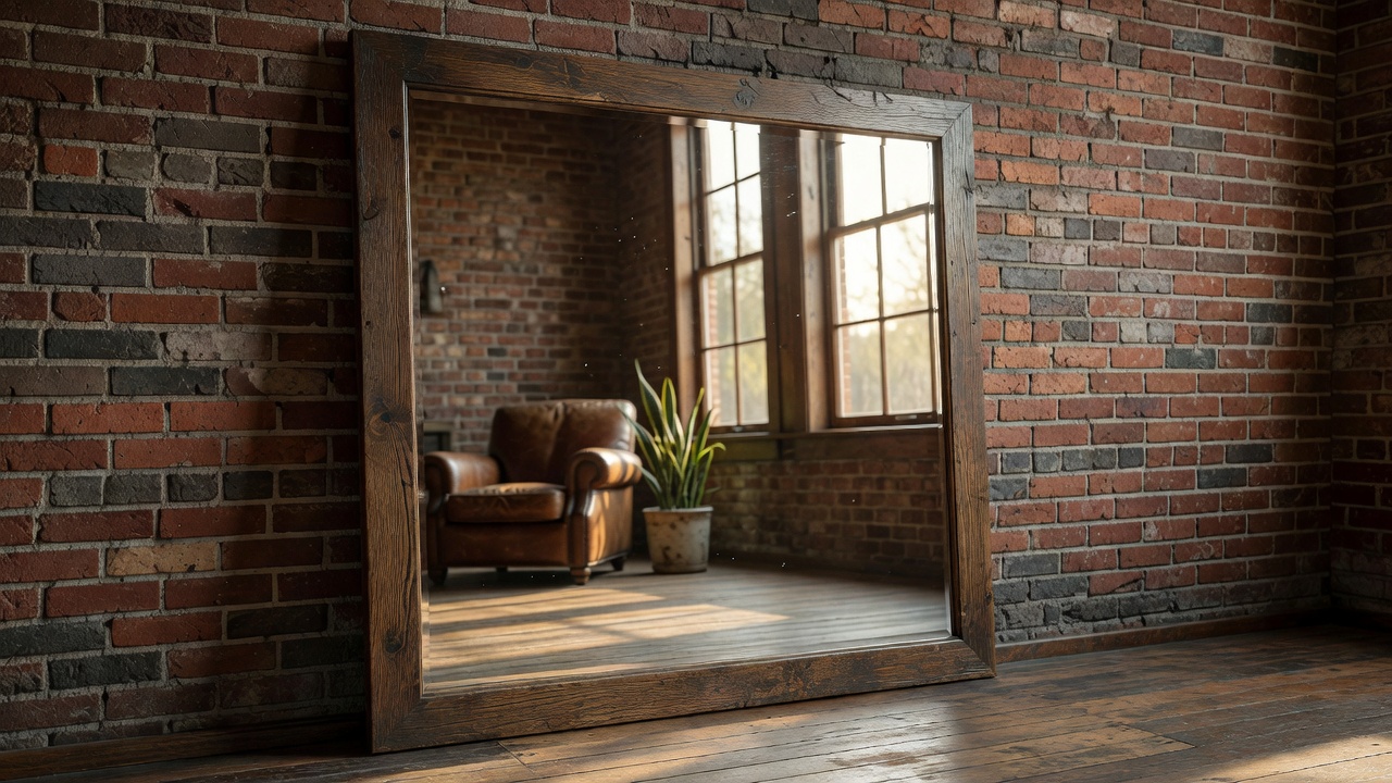 An oversized floor mirror leaning against an exposed brick wall